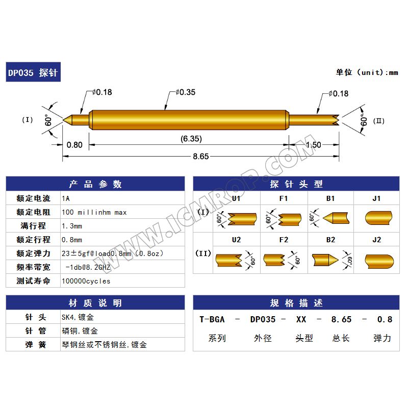 半导体测试探针  0.35*8.65