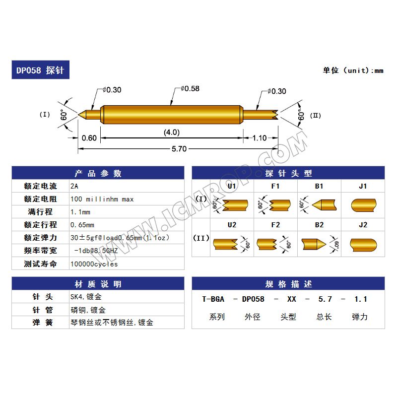 半导体测试探针 0.58*5.7 