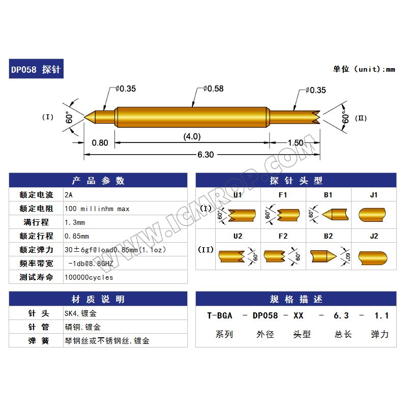 半导体测试探针 0.58*6.3 