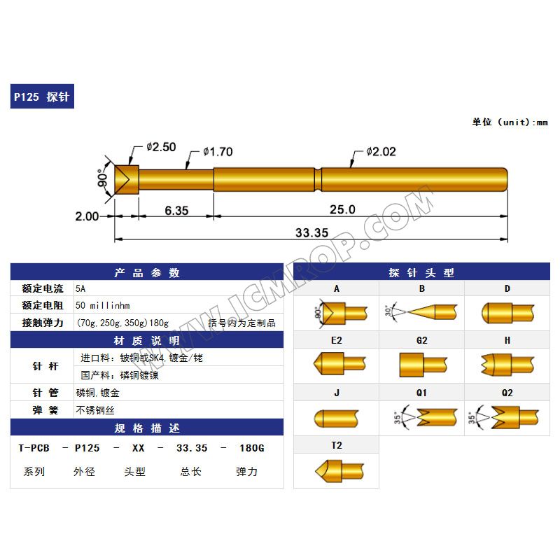 PCB测试探针P125-Φ2.02*33.5
