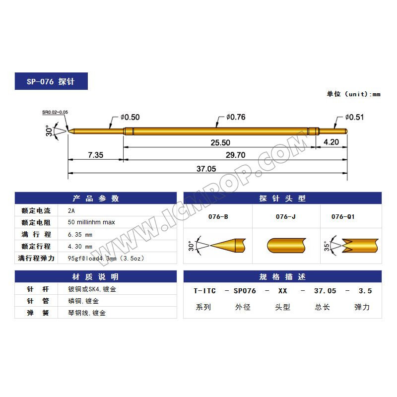 ICT测试探针SP076-Φ0.76*37.5