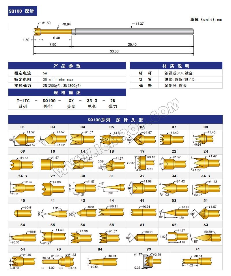 ICT测试探针 SQ100-Φ1.37*33.3