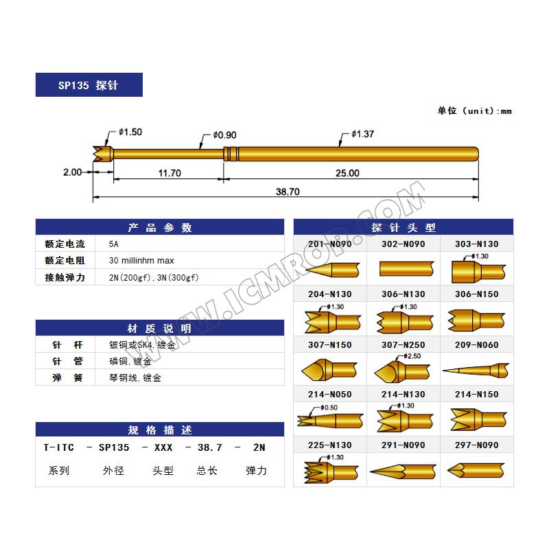 ICT测试探针 SP135-Φ1.37*38.7