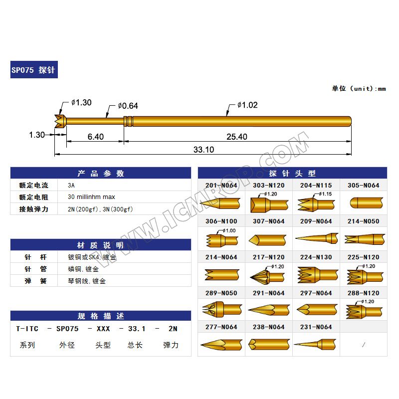 ICT测试探针 SP075-1.02*33.1