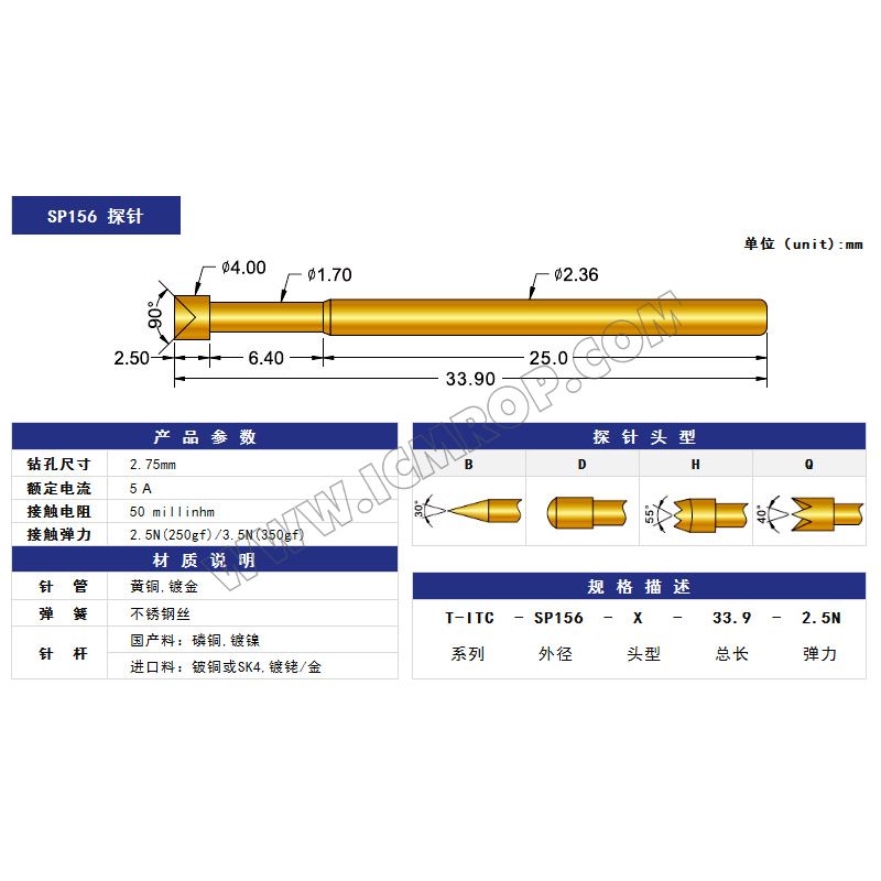 ICT测试探针 SP156-2.36*33.9